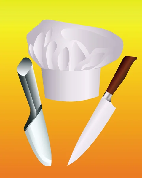 Sombrero Chef Con Dos Cuchillos Sobre Fondo Naranja — Vector de stock