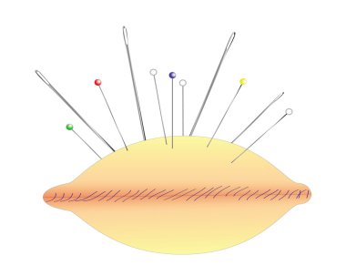 iğneler ve toplu iğneler üzerine beyaz bir arka plan ile yastık