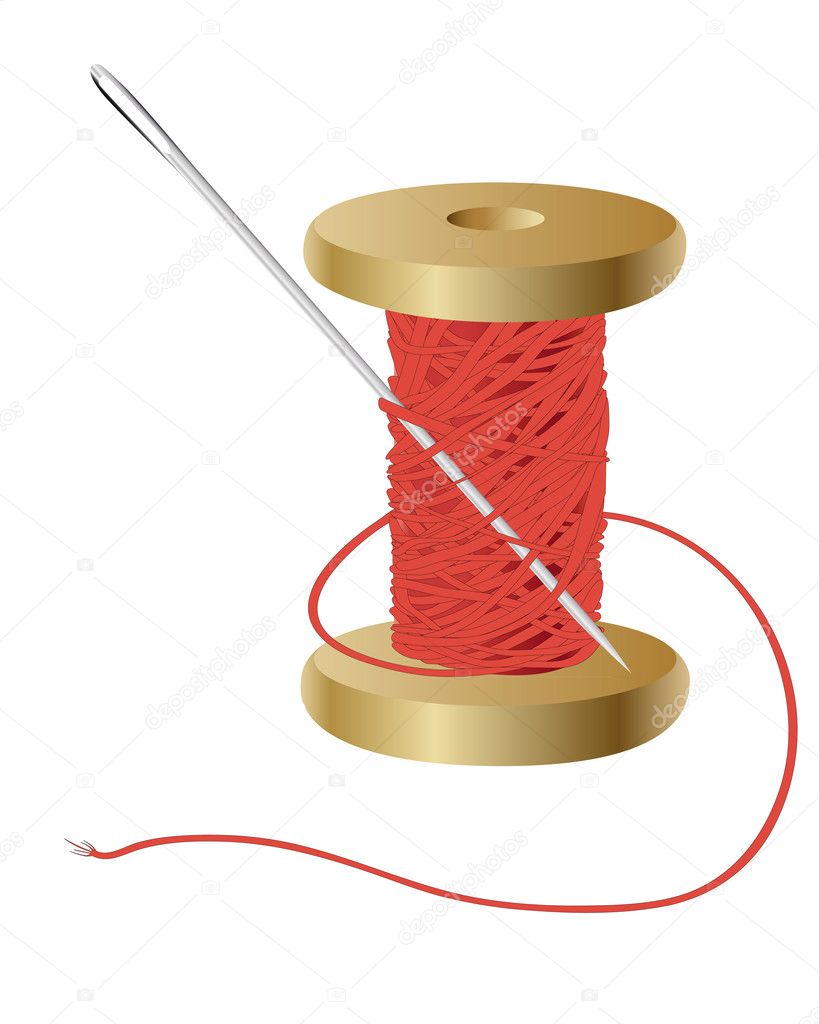 Coil with a red thread and needle on white background