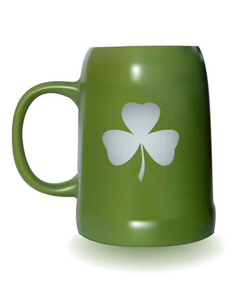 Groene Bier Mok Met Een Clover Leaf Witte Achtergrond — Stockvector