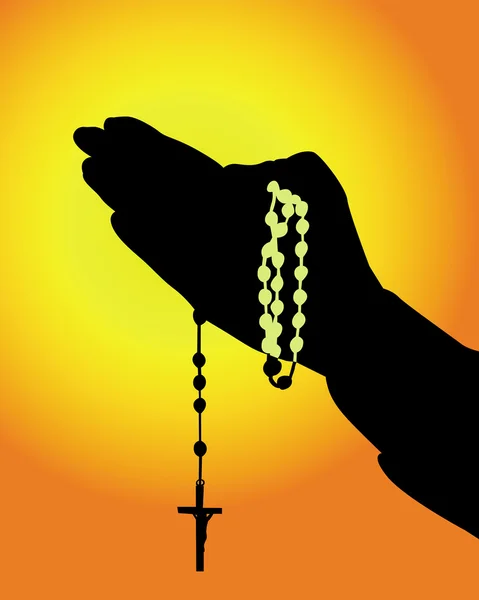 Silueta de manos con rosario — Vector de stock
