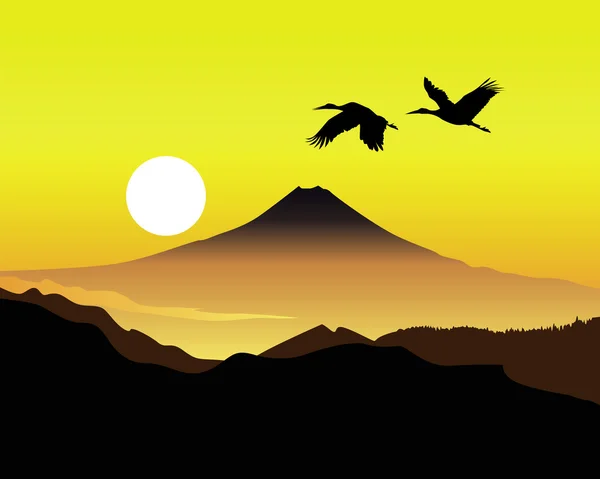 The sacred mountain of Fujiyama with two cranes — Stock Vector