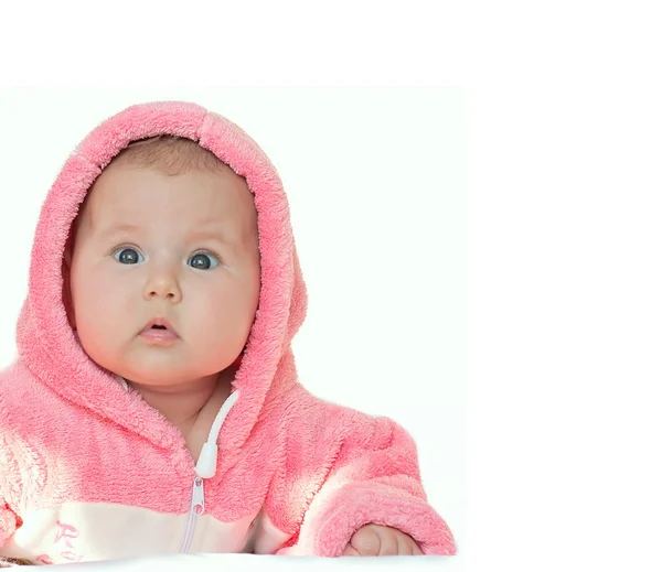 Malá holčička v růžovou kombinézu na izolované bílém pozadí — Stock fotografie