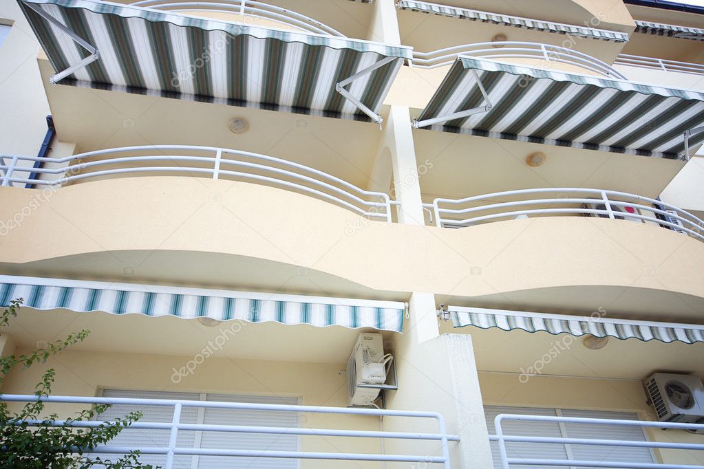 Tourist terrace balcony with tarpaulin at sunny day
