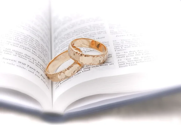 Bröllop ringer på Bibeln Stockbild