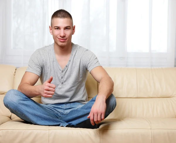 Young Man Sitting Sofa — Stock Photo, Image