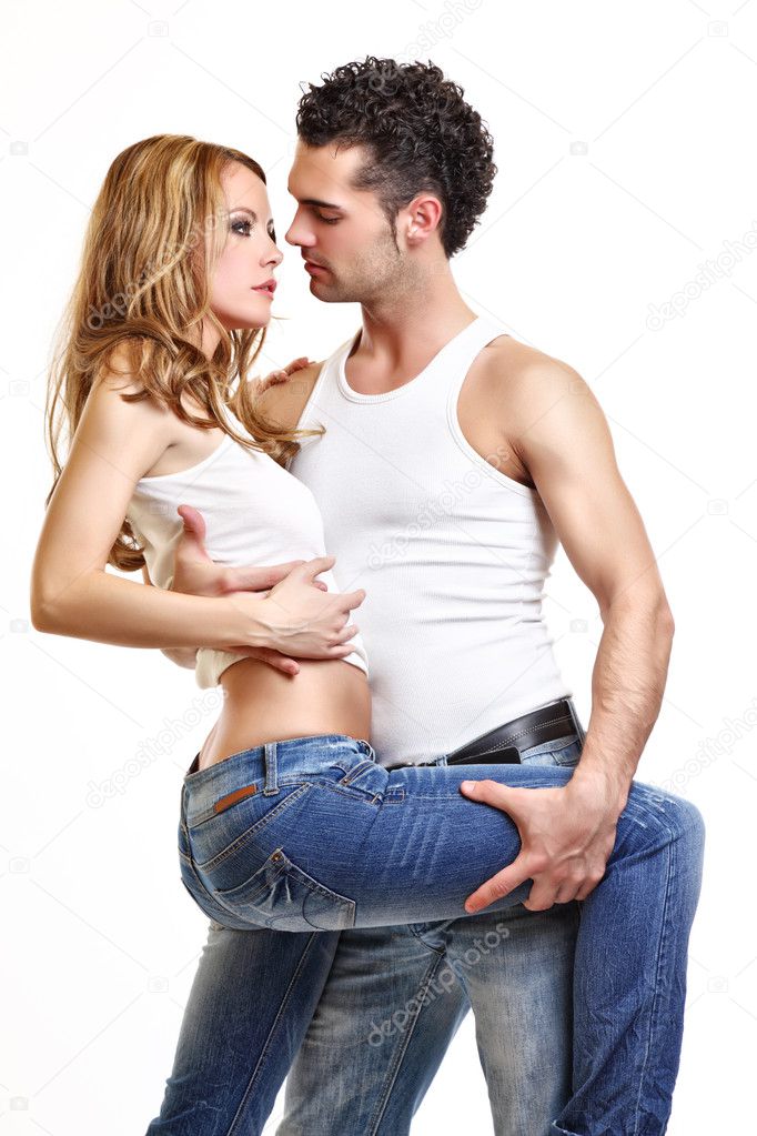 Portrait of sexy couple on white background