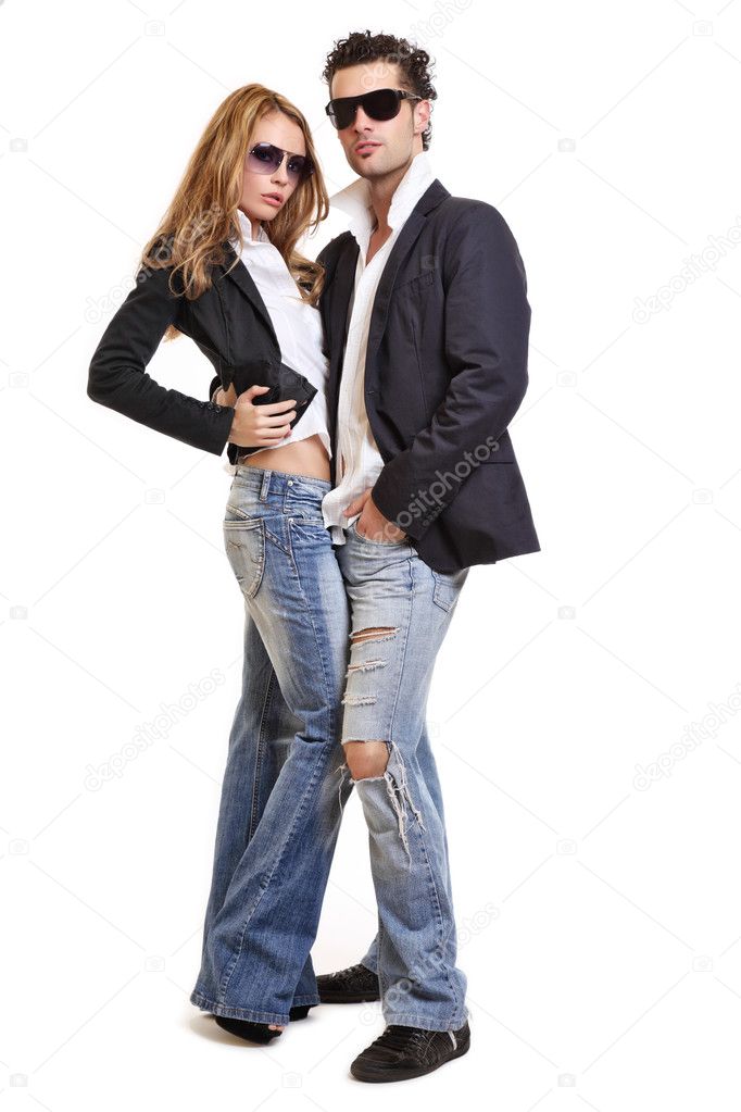 Two beautiful person posing on white background