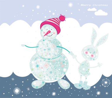 Christmas card with snowman and rabbit.