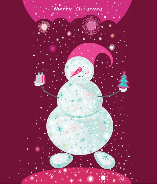 Kerstkaart met sneeuwpop. — Stockvector
