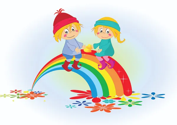 Desenhos animados menino e menina no arco-íris — Vetor de Stock
