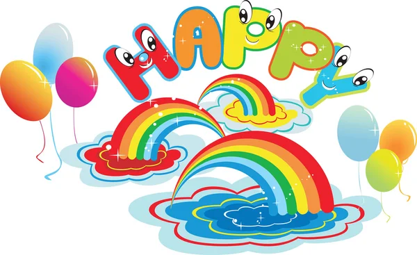 Dessin animé lettre heureuse avec arc-en-ciel et ballons de couleur — Image vectorielle