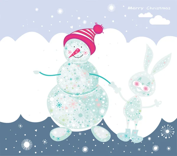 Christmas card with snowman and rabbit. — Stockvector