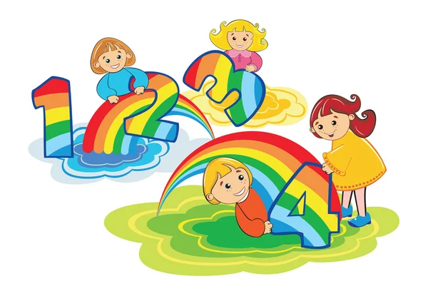Crianças felizes brincam com o número 1,2,3,4 feito de arco-íris colorido — Vetor de Stock