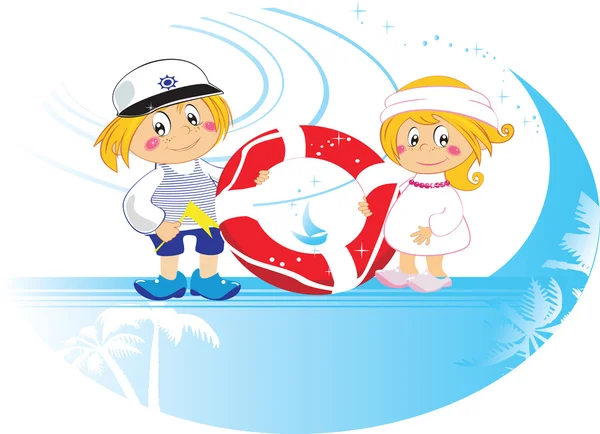 救命浮輪の面白い漫画の子供たち — ストックベクタ