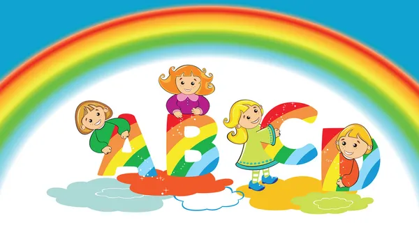 Karikatur glückliche Kinder mit Regenbogen-Buchstaben — Stockvektor