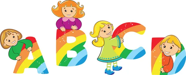 Dibujos animados niños felices con arco iris Carta — Vector de stock