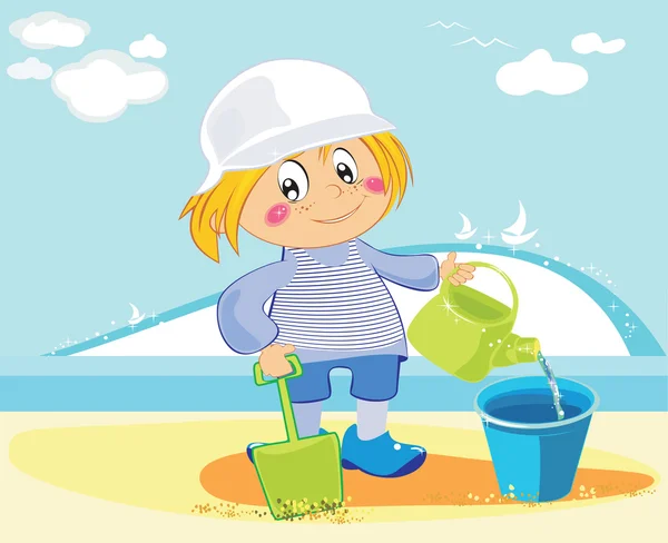 Dibujos animados chico fanny jugar en la playa — Vector de stock