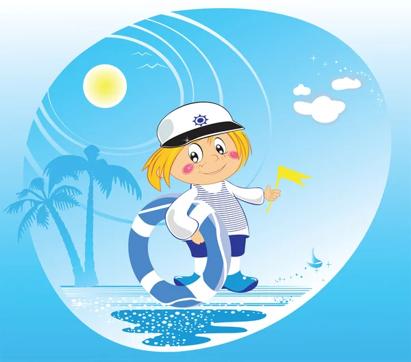 Веселый мальчик капитан отдыха на море с спасательным буем — стоковый вектор