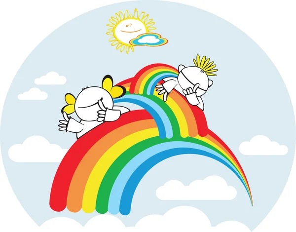 Niños de dibujos animados con arco iris en el cielo — Vector de stock