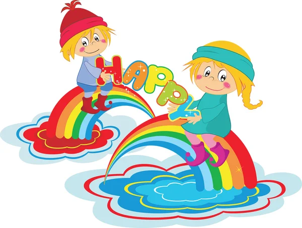 Cartone animato bambini felici con arcobaleno — Vettoriale Stock