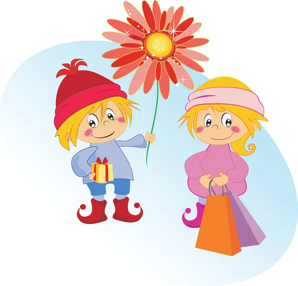 Cartoon funny happy kids with flower — Stock Vector