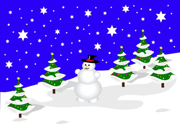 Een sky blue christmas scène met een sneeuwpop op een besneeuwde achtergrond — Stockvector