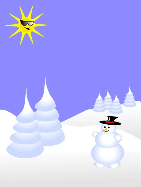 Eine himmelblaue Weihnachtsszene mit einem Schneemann auf schneebedecktem Hintergrund — Stockvektor