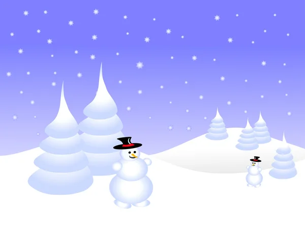 Небесно-блакитна різдвяна сцена зі сніговиком на сніжному фоні — стоковий вектор