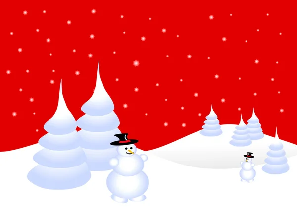 En röd jul scen med en snögubbe på snöiga bakgrund — Stock vektor