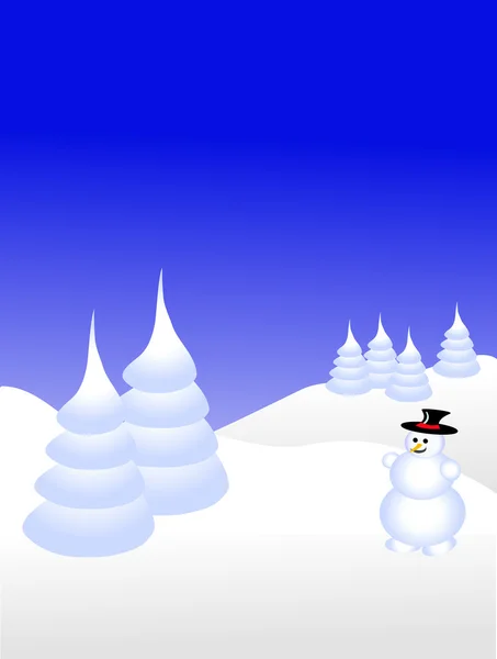 Небо голубое, сцена со снеговиком на снежном фоне — стоковый вектор