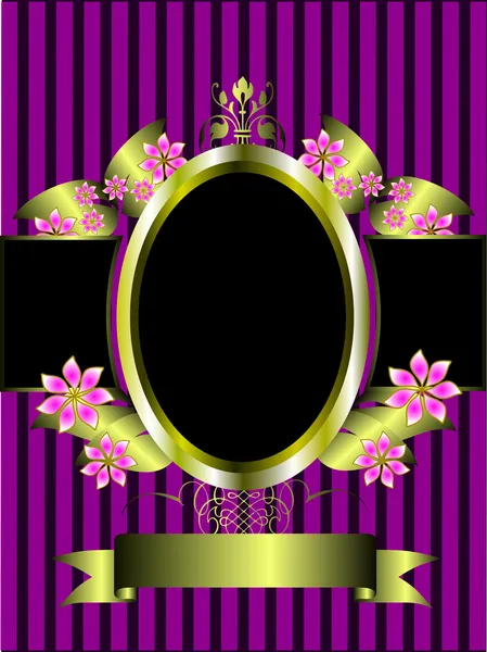 Gouden bloemen frame op een klassieke paarse gestreepte achtergrond — Stockvector