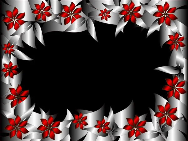 Een floral frame met zilveren blad rand met rode bloemen — Stockvector