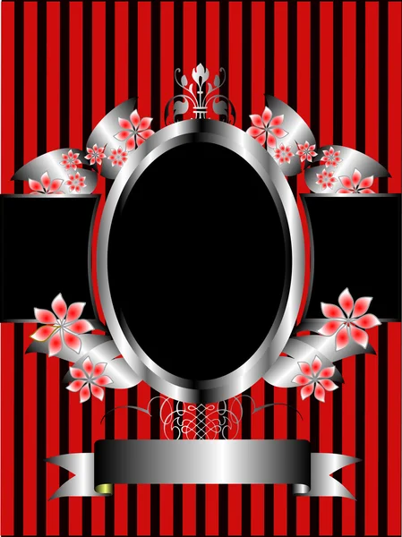 A silver floral frame on a classic red striped background — Stock Vector