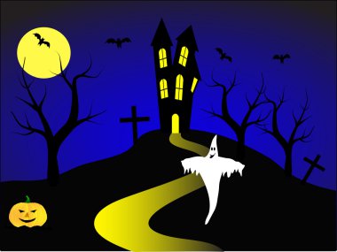 A halloween vector illustration with pumpkins in front of a haun clipart