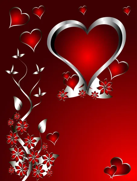 Un corazón rojo Día de San Valentín Antecedentes con corazones de plata y fl — Vector de stock