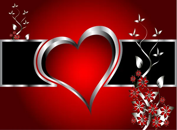 Ένα κόκκινο καρδιές φόντο ημέρα του Αγίου Βαλεντίνου με ασημί καρδιές και fl — Διανυσματικό Αρχείο