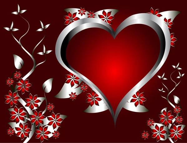 Un corazón rojo Día de San Valentín Antecedentes con corazones de plata y fl — Vector de stock