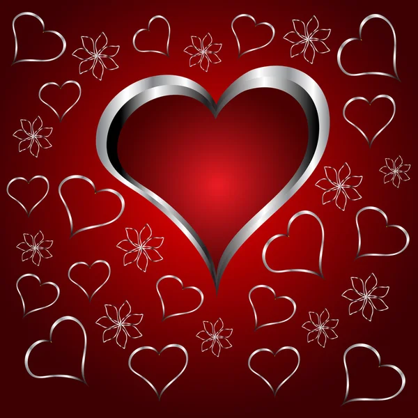 En röd hjärtan alla hjärtans dag bakgrund med silver hjärtan och fl — Stock vektor