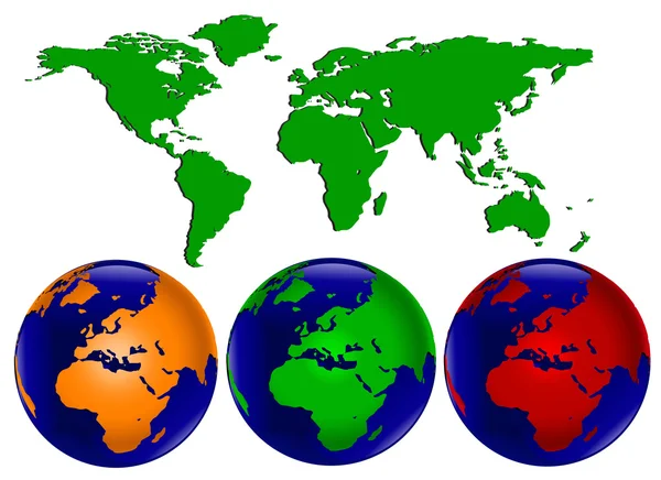 3 つの世界の地球儀とベクトル図 — ストックベクタ
