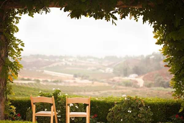 Weinrebe überdachte Terrasse und Stühle mit Blick auf das Land — Stockfoto
