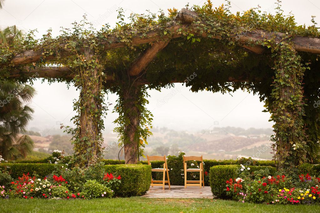 Vine Covered Patio and Chairs with Country View