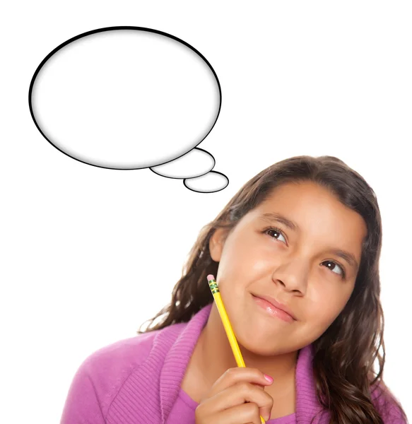 Hispanic tiener leeftijd meisje met potlood en lege gedachte zeepbel — Stockfoto