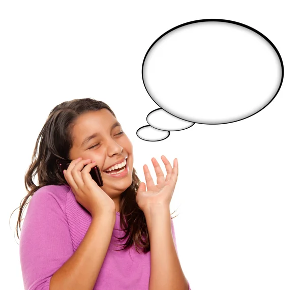 Hispanic Teen Aged Girl on Cell Phone with Blank Thought Bubble — Stock Photo, Image