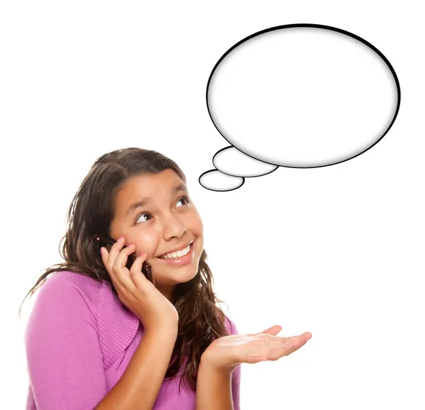 Hispanic Teen Aged Girl on Cell Phone with Blank Thought Bubble — Stock Photo, Image
