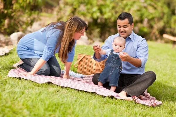 Familia de raza mixta feliz jugando en el parque — Foto de Stock