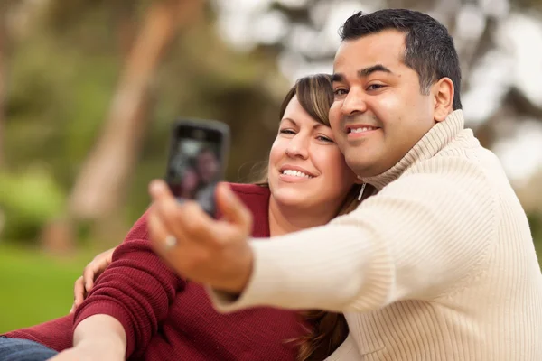 Attractive Mixed Race Couple Taking Self Portraits — Stock Photo, Image