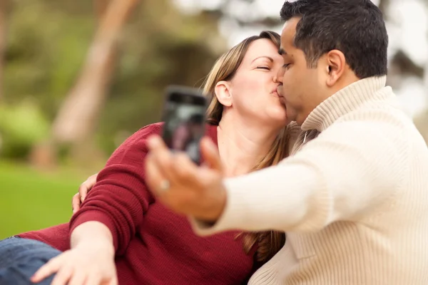 Attractive Mixed Race Couple Taking Self Portraits — Stok fotoğraf