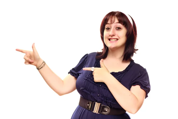 Happy Young Caucasian Woman Pointing to the Side on White — Stock Photo, Image