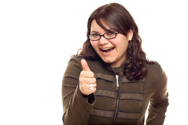 Excited Young Caucasian Woman With Thumbs Up on White — Stock Photo, Image